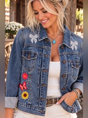 GAP Upcycled Rhinestone Denim Jacket Floral Butterfly Patch Western Boho M